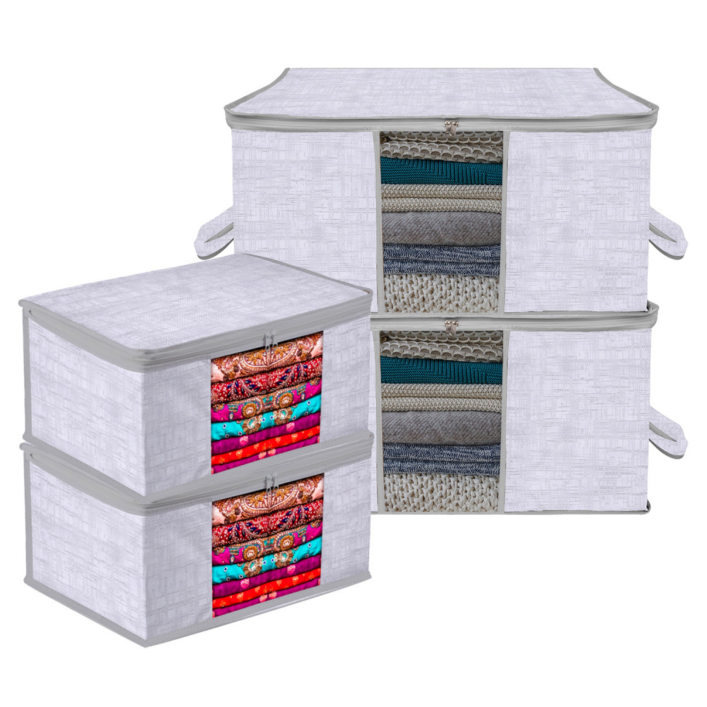Kuber Industries Saree Cover &amp; Underbed Storage Bag Set | 2 Pieces Saree &amp; 2 Pieces Underbed Storage Bag Combo Set | Zipper Closure &amp; Handle | Jute Printed |Gray