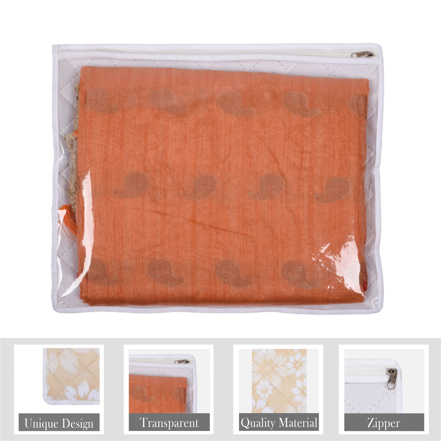 Kuber Industries Saree Storage Bag | Waterproof Saree Bag | Wardrobe Storage Bag | Top Visible Window Saree Bag | Single Packing Cloth Bag | Flower Quilted Storage Bag |Golden