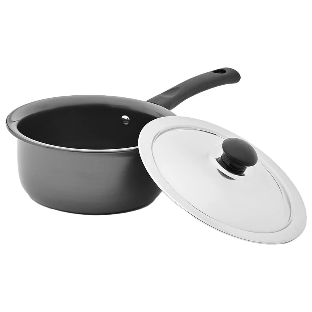 Kuber Industries Sauce Pan | Sauce Pan with Stainless Steel Lid | Gas Stove & Induction Cookware | Sauce Pan Set for Kitchen | Induction Riveted Handle | 2.3 Ltr | Black