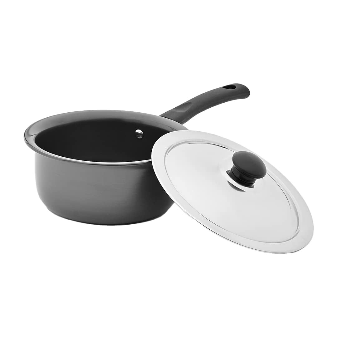 Kuber Industries Sauce Pan | Sauce Pan with Stainless Steel Lid | Gas Stove & Induction Cookware | Sauce Pan Set for Kitchen | Induction Riveted Handle | 1.6 Ltr | Black