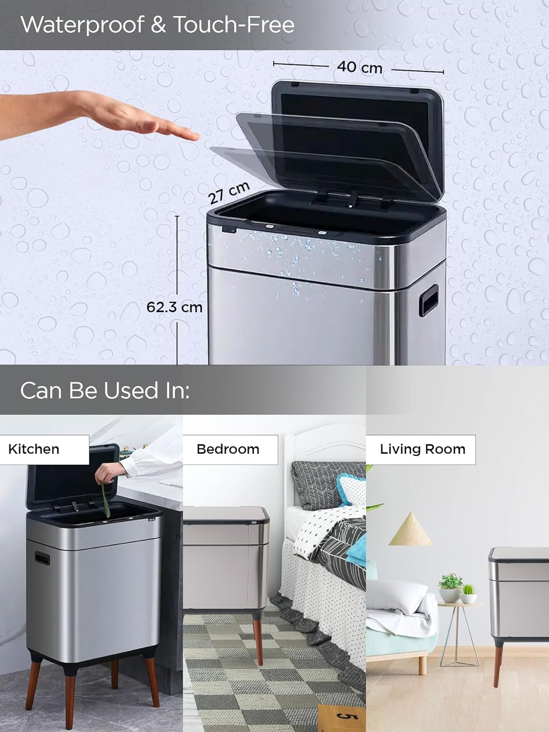 Kuber Industries Sensor Dustbin | Dual Compartment Sensor Dustbin | Touchless Trash Can | Smart Dustbin for Bedroom-Office-Living Room | 2 Removable Bucket Can | YW-5522 | 9 LTR | Silver