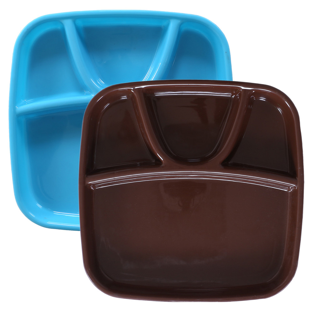 Kuber Industries Serving Plate|Plate Set For Dinner|Unbreakable Plastic Plates|Microwave Safe Plates|Food Organizer With 4 Partitions|(Sky Blue &amp; Brown)