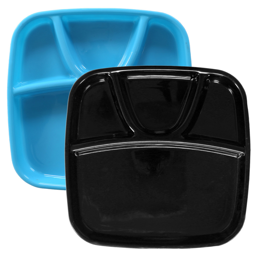 Kuber Industries Serving Plate|Plate Set For Dinner|Unbreakable Plastic Plates|Microwave Safe Plates|Food Organizer With 4 Partitions|(Sky Blue &amp; Black)