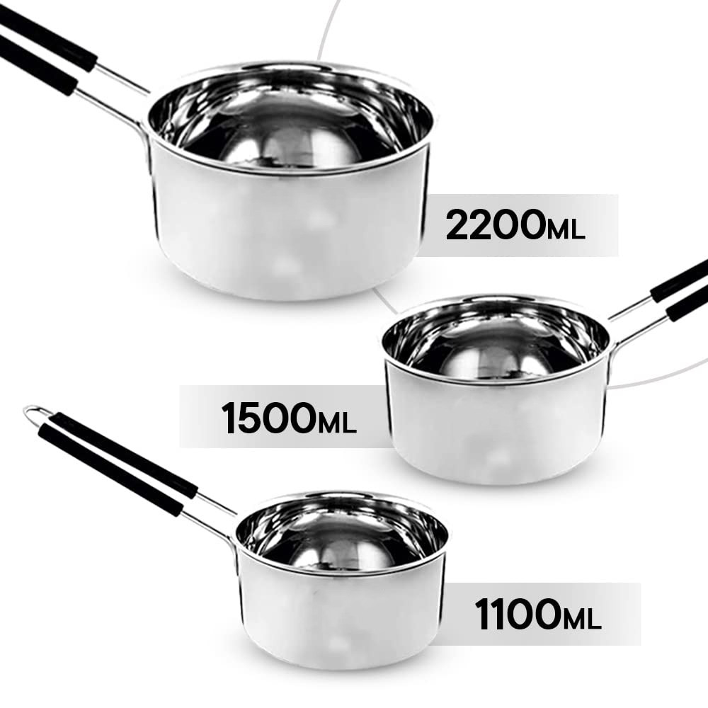 Kuber Industries Set of 3 Stainless Steel Saucepan/Tea Pan I 1.1 L, 1.5 L, 2.2 L Capacity I Silicon Handle I Thick Base for Boiling Milk & Tea I Heavy Duty Gauge I Tapeli Patila, Sauce Pot Cookware