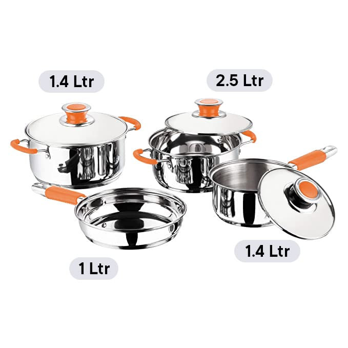 Kuber Industries Set of 4 Stainless Steel Cookware Set I Induction Base Cookware I Saucepan (1.4 L), Kadai (2.0 L), Casserole (2.5 L), Frypan (1 L) and 3 Lids I Heavy Gauge Steel