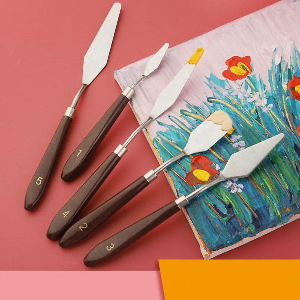 Kuber Industries Set of 5 Painting Knives|Metal Palette Knife Set|Plastic Handle With Various Size &amp; Shape|Ideal For Oil Painting, Acrylic Painting, Color Mixing (Brown)