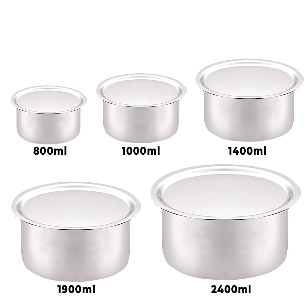Kuber Industries Set of 5 Stainless Steel Tope Set (800ml, 1L, 1.4L, 1.9L and 2.4L) with Lids I Gas Stove and Induction Compatible I Triply Tope I Heavy Duty Gauge