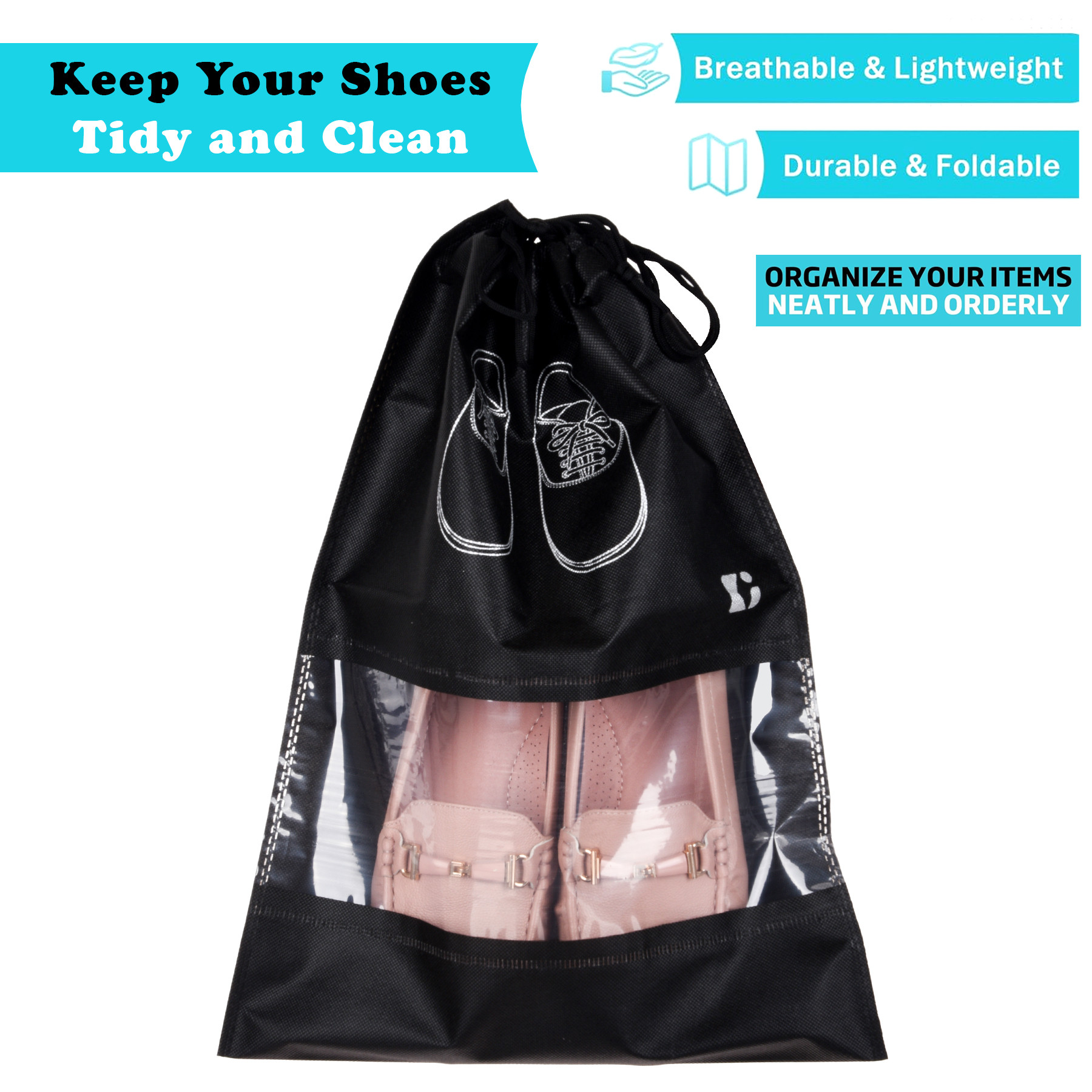Kuber Industries Shoe Bags | Shoe Bags for Travel | Non-Woven Shoe Storage Bags | Storage Organizers Set | Shoe Cover with Transparent Window | Shoe Dori Cover | Black