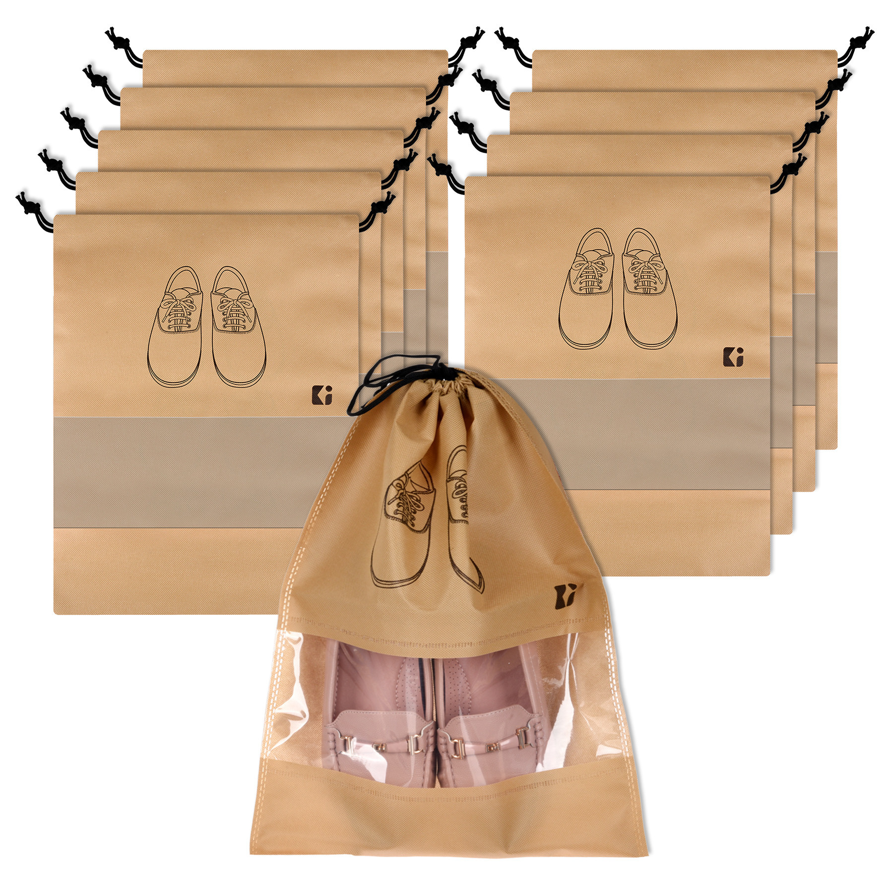 Kuber Industries Shoe Bags | Shoe Bags for Travel | Non-Woven Shoe Storage Bags | Storage Organizers Set | Shoe Cover with Transparent Window | Shoe Dori Cover | Beige