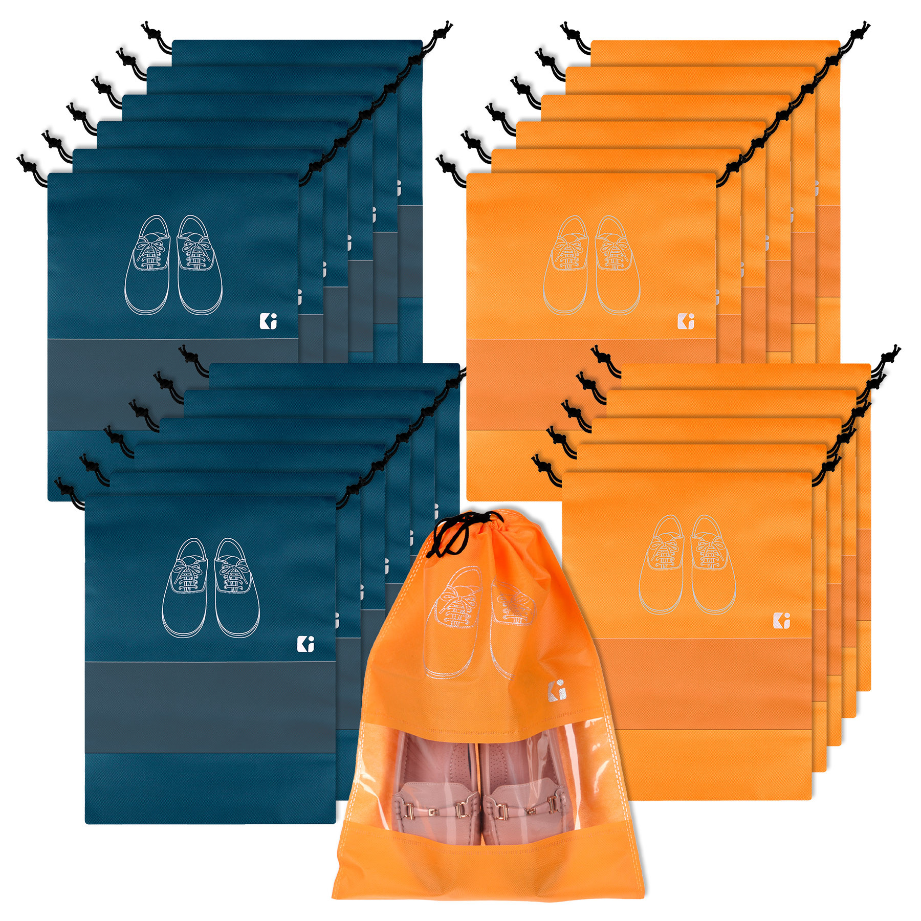 Kuber Industries Shoe Bags | Shoe Bags for Travel | Non-Woven Shoe Storage Bags | Storage Organizers Set | Shoe Cover with Transparent Window | Shoe Dori Cover | Navy Blue & Orange