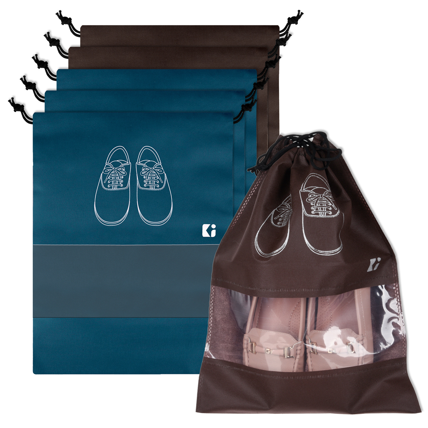 Kuber Industries Shoe Bags | Shoe Bags for Travel | Non-Woven Shoe Storage Bags | Storage Organizers Set | Shoe Cover with Transparent Window | Shoe Dori Cover | Navy Blue & Coffee