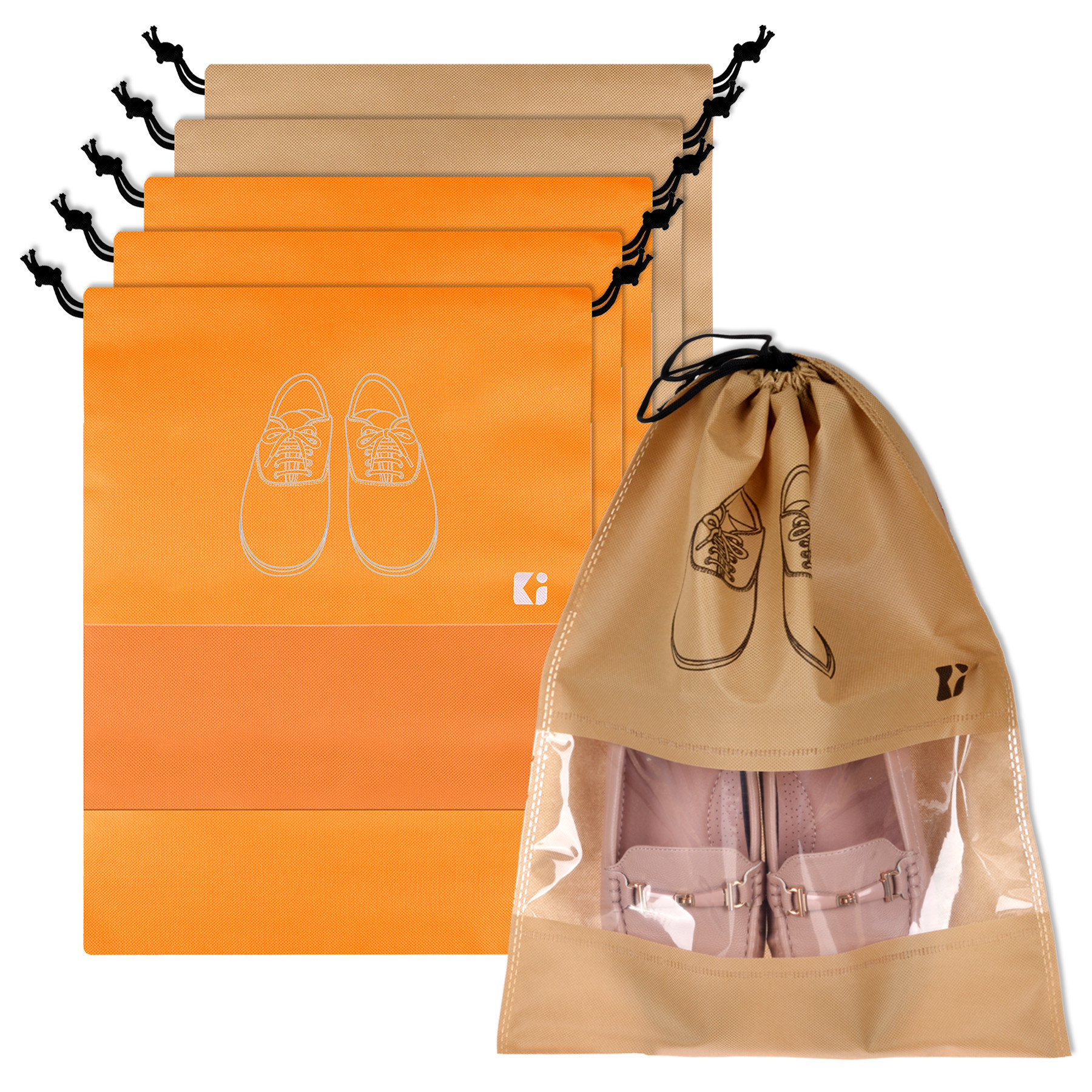 Kuber Industries Shoe Bags | Shoe Bags for Travel | Non-Woven Shoe Storage Bags | Storage Organizers Set | Shoe Cover with Transparent Window | Shoe Dori Cover | Orange & Beige