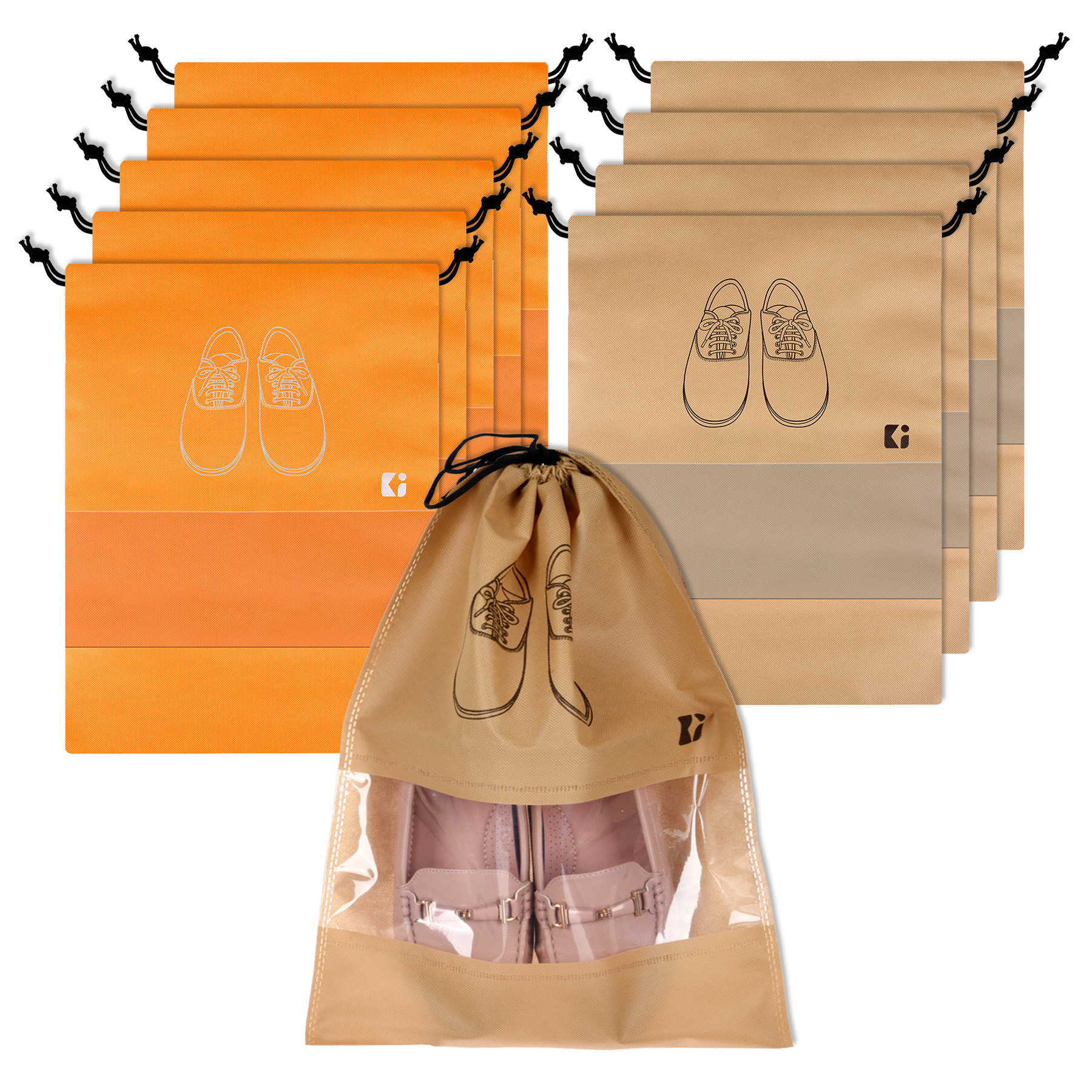 Kuber Industries Shoe Bags | Shoe Bags for Travel | Non-Woven Shoe Storage Bags | Storage Organizers Set | Shoe Cover with Transparent Window | Shoe Dori Cover | Orange & Beige