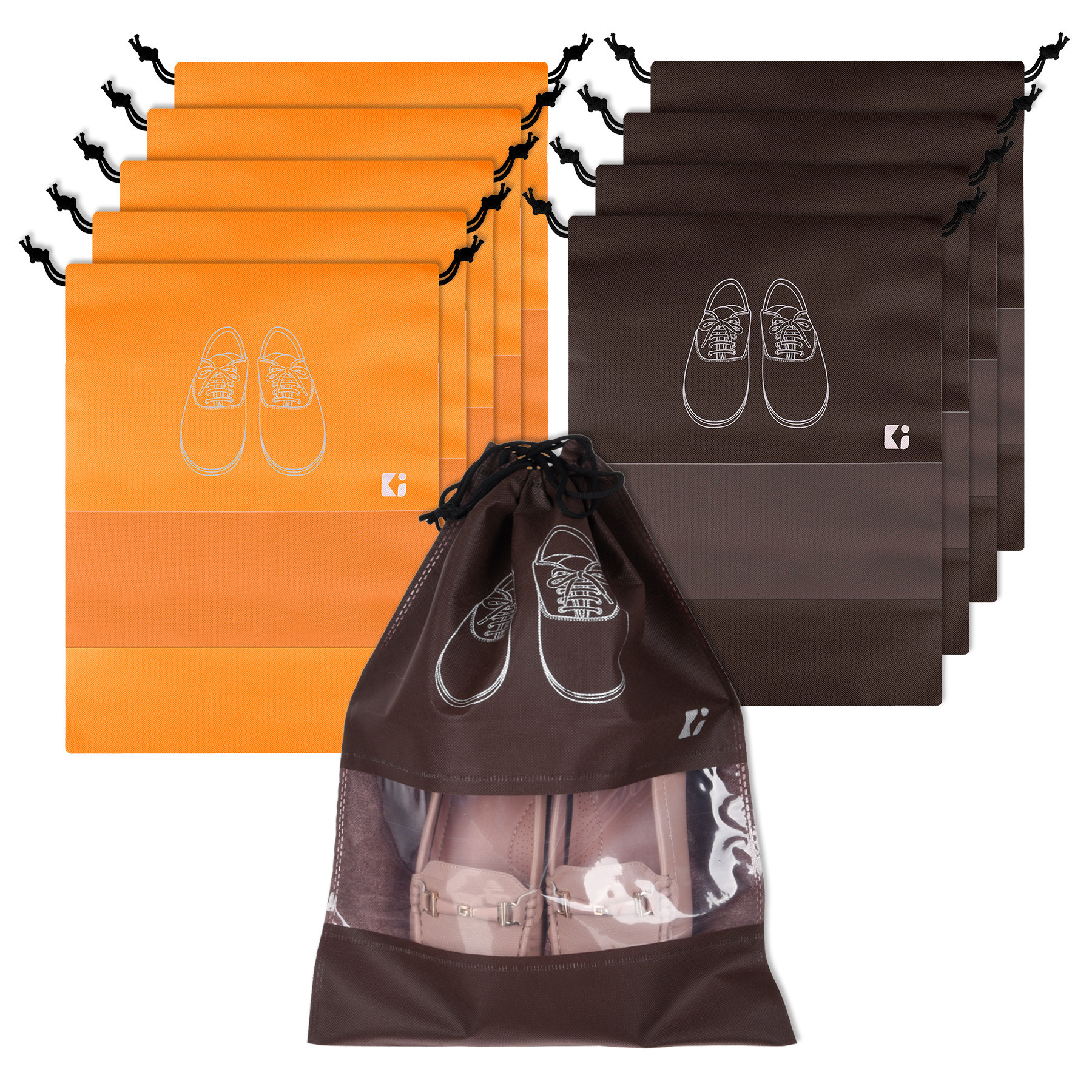 Kuber Industries Shoe Bags | Shoe Bags for Travel | Non-Woven Shoe Storage Bags | Storage Organizers Set | Shoe Cover with Transparent Window | Shoe Dori Cover | Orange & Coffee
