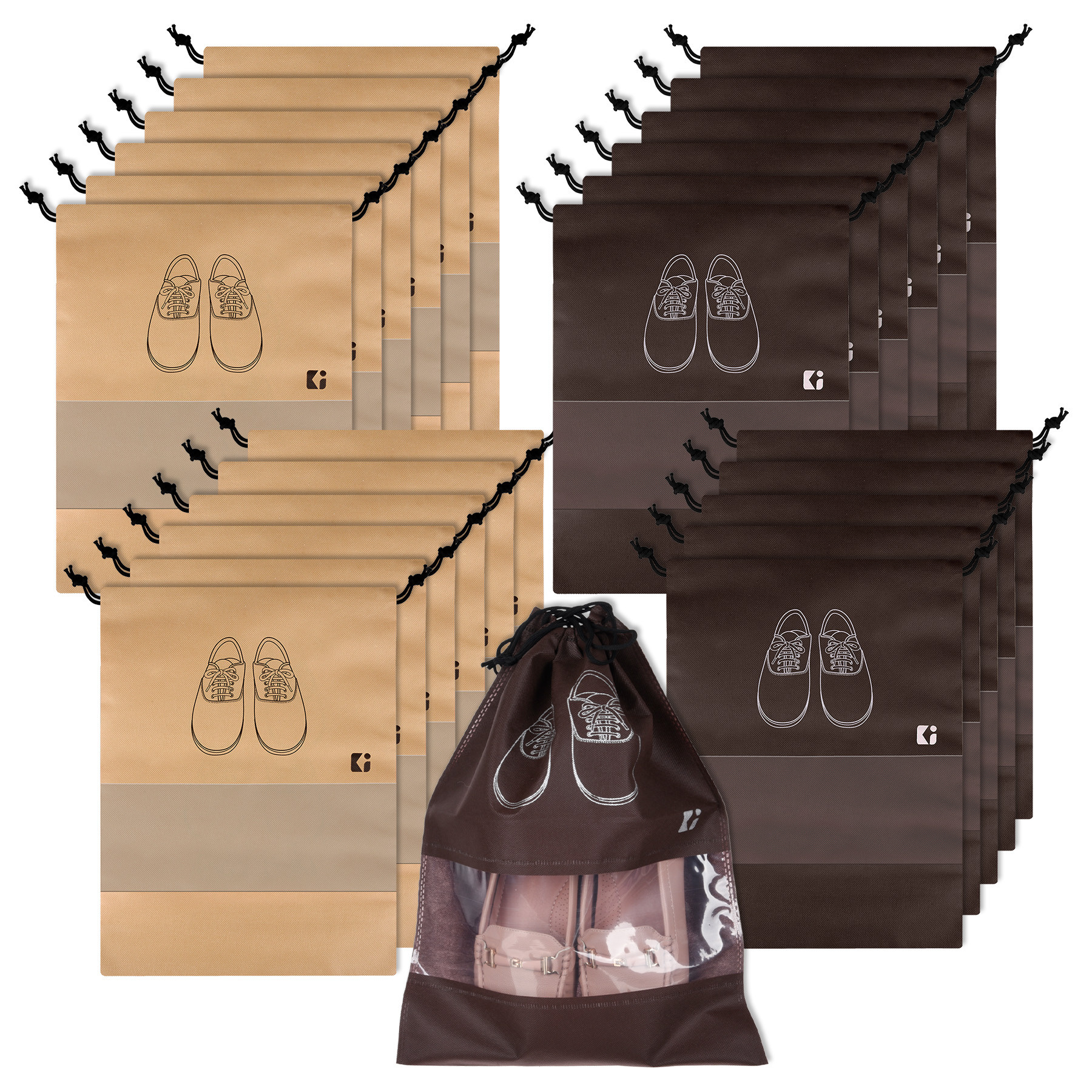 Kuber Industries Shoe Bags | Shoe Bags for Travel | Non-Woven Shoe Storage Bags | Storage Organizers Set | Shoe Cover with Transparent Window | Shoe Dori Cover | Beige & Coffee
