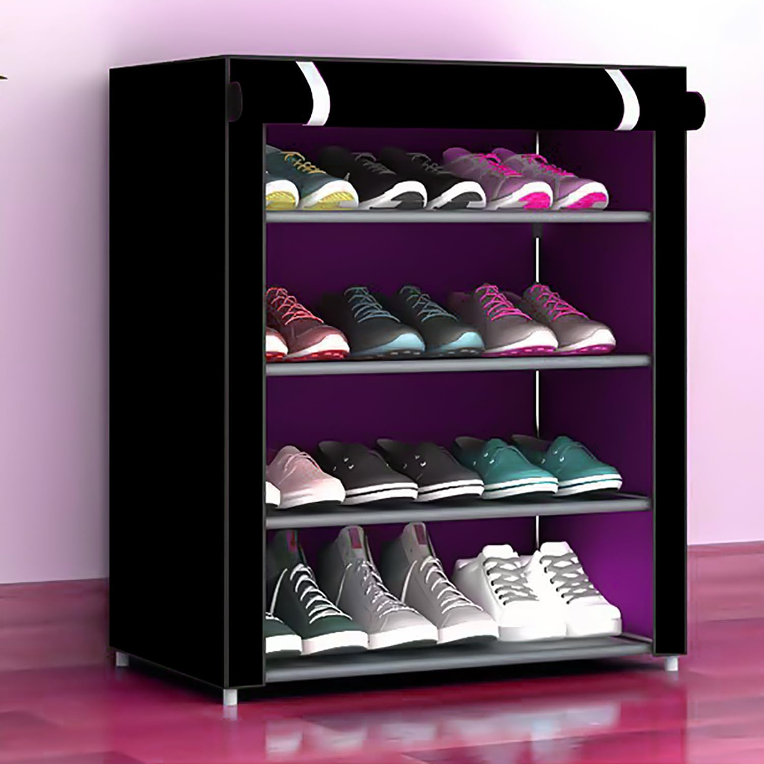 Kuber Industries Shoe Rack|Non-Woven 4 Shelves Shelf|Foldable Storage Rack Organizer for Shoe, Books (Black)