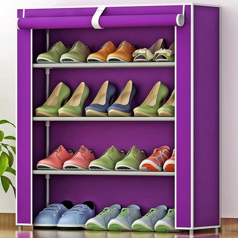 Kuber Industries Shoe Rack|Non-Woven 4 Shelves Shelf|Foldable Storage Rack Organizer for Shoe, Books (Purple)