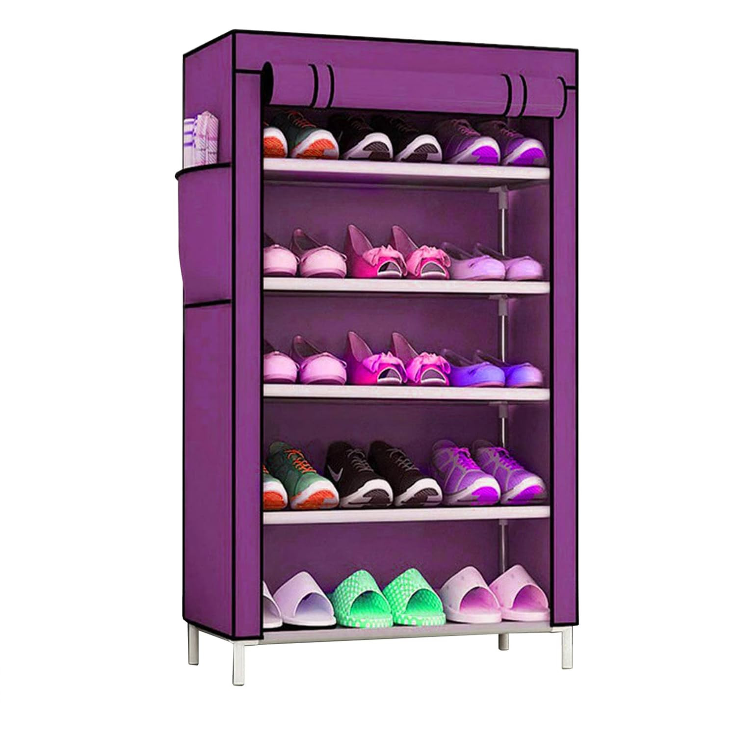 Kuber Industries Shoe Rack|Non-Woven 5 Shelves Shelf|Foldable Storage Rack Organizer for Shoe, Books (Purple)