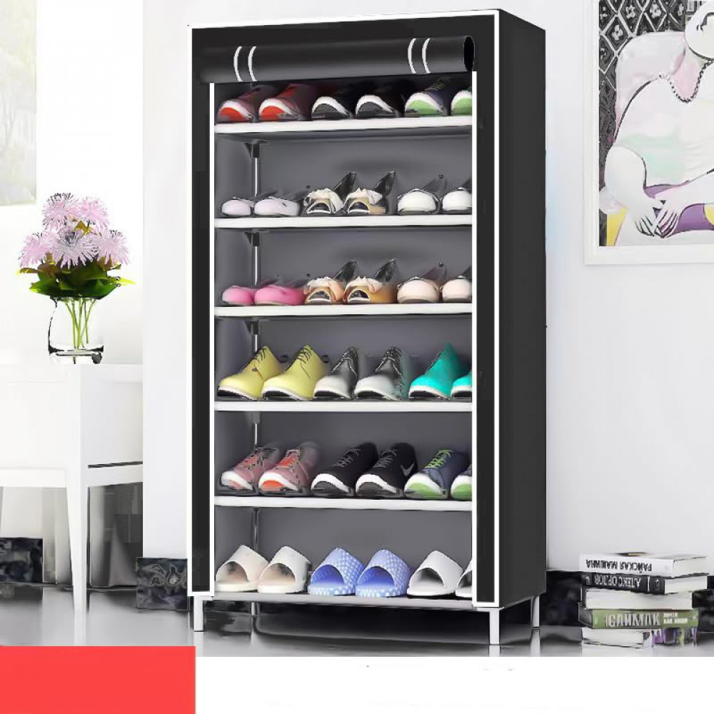 Kuber Industries Shoe Rack|Non-Woven 6 Shelves Shelf|Foldable Storage Rack Organizer for Shoe, Books (Black)