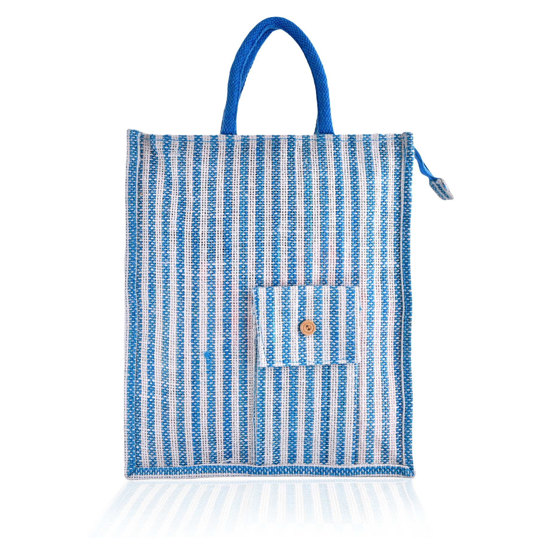 Kuber Industries Shopping Bag | Jute Carry Bag | Zipper Grocery Bag with Handle | Reusable Shopping Bag | Carrying Bag With Front Pocket | Lining-Grocery Bag | Medium | Blue