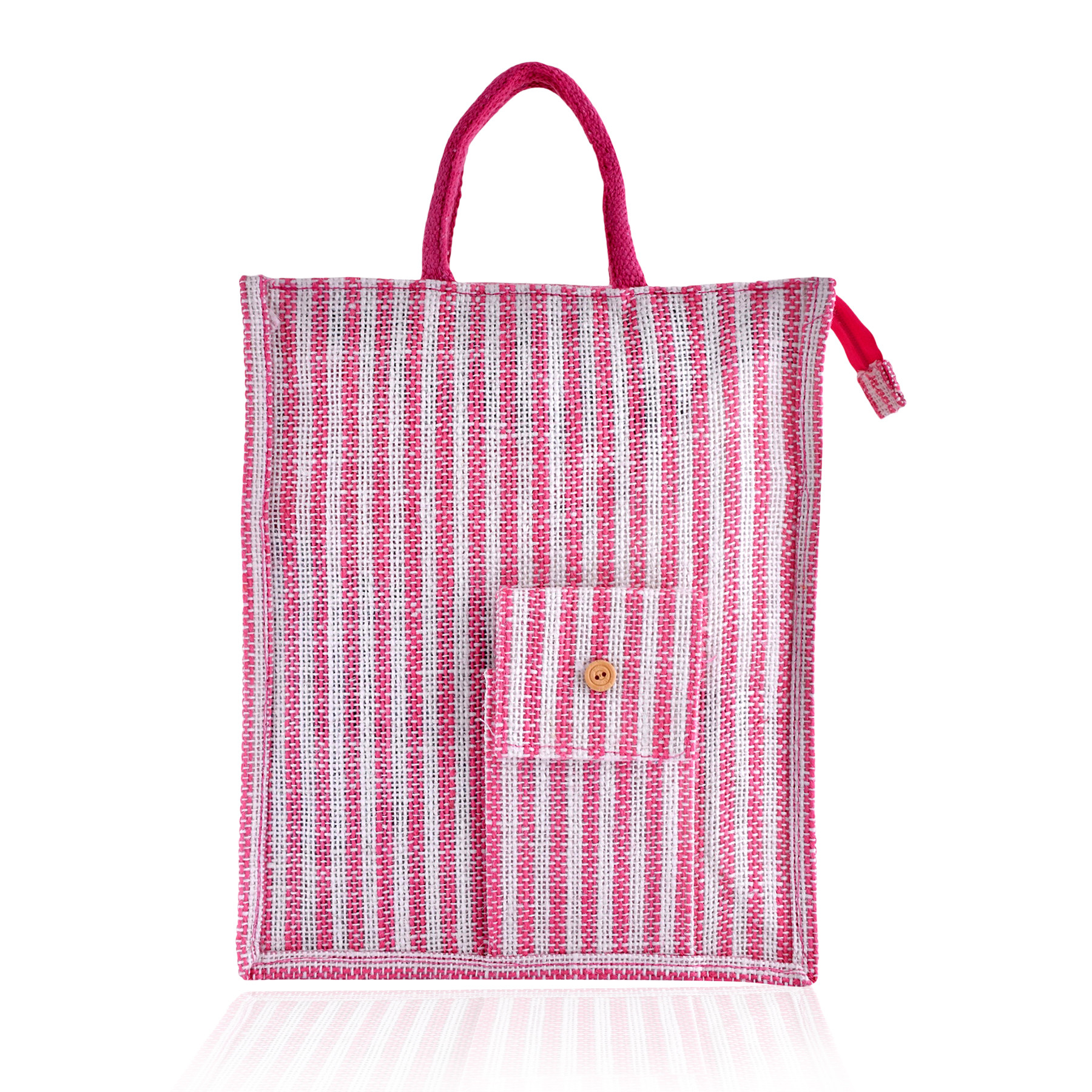 Kuber Industries Shopping Bag | Jute Carry Bag | Zipper Grocery Bag with Handle | Reusable Shopping Bag | Carrying Bag With Front Pocket | Lining-Grocery Bag | Medium | Pink