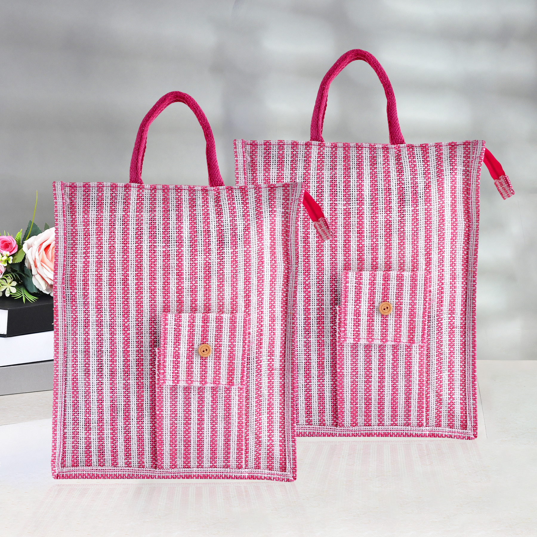 Kuber Industries Shopping Bag | Jute Carry Bag | Zipper Grocery Bag with Handle | Reusable Shopping Bag | Carrying Bag With Front Pocket | Lining-Grocery Bag | Medium | Pink