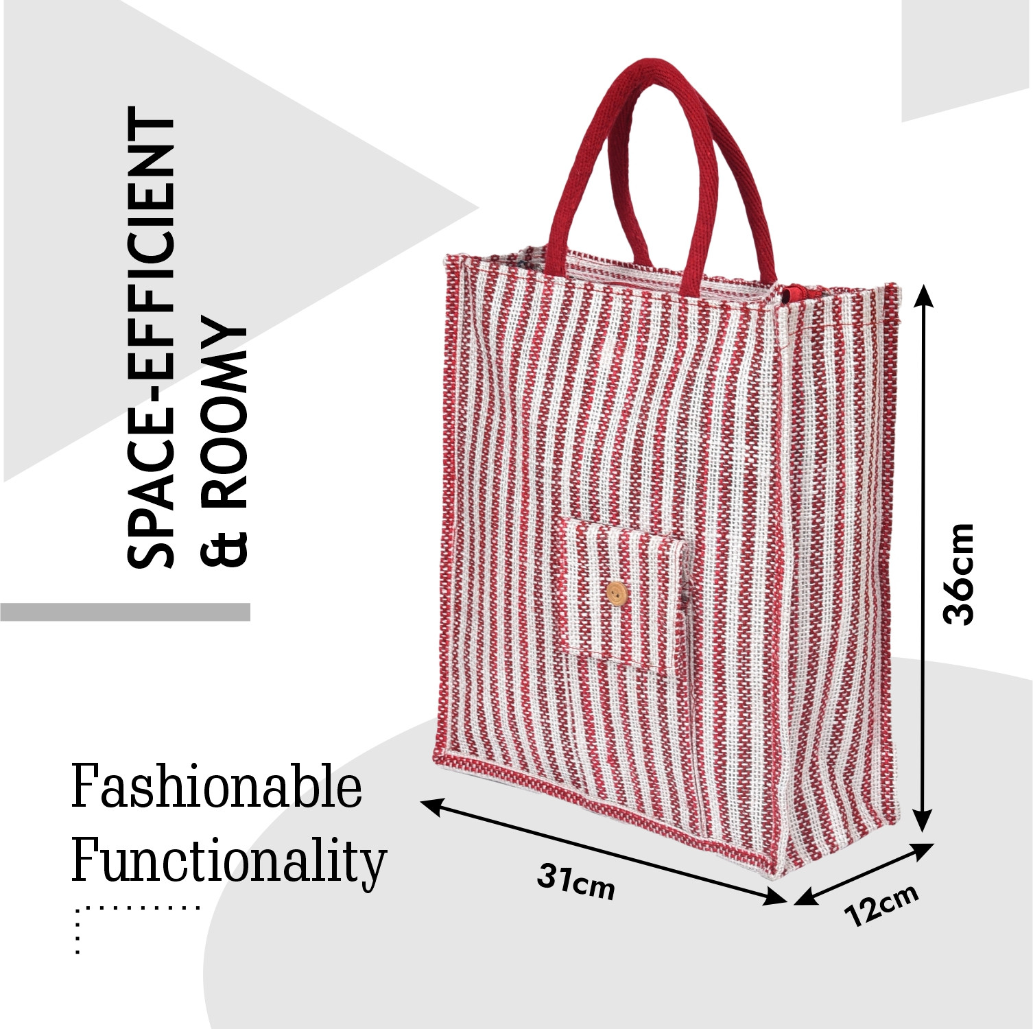 Kuber Industries Shopping Bag | Jute Carry Bag | Zipper Grocery Bag with Handle | Reusable Shopping Bag | Carrying Bag With Front Pocket | Lining-Grocery Bag | Medium | Red