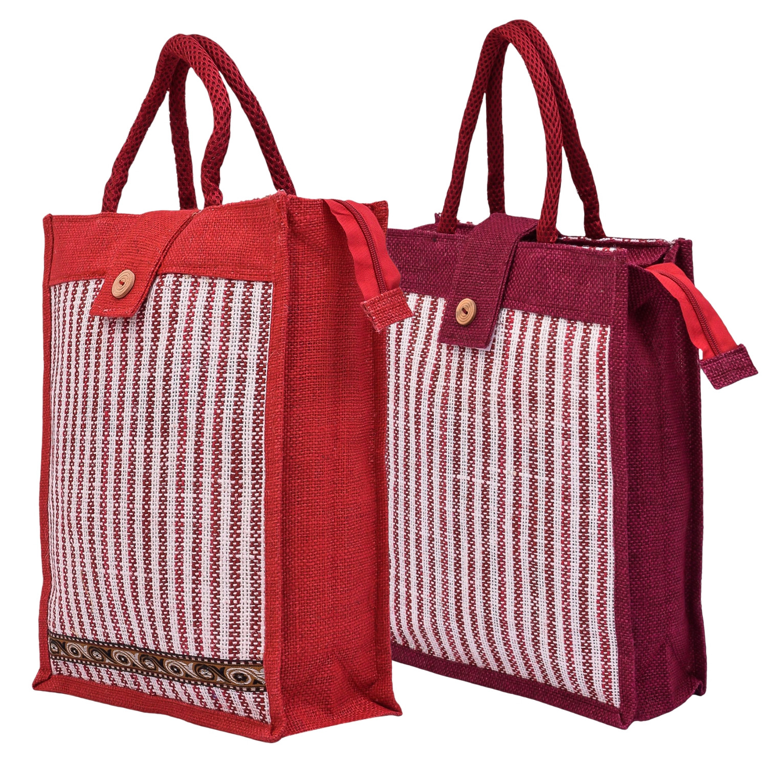 Kuber Industries Shopping Bag | Jute Carry Bag | Zipper Grocery Bag with Handle | Vegetable Bag with Top Flap | Reusable Shopping Bag | Lining-Grocery Bag | Medium | Pack of 2 | Multi