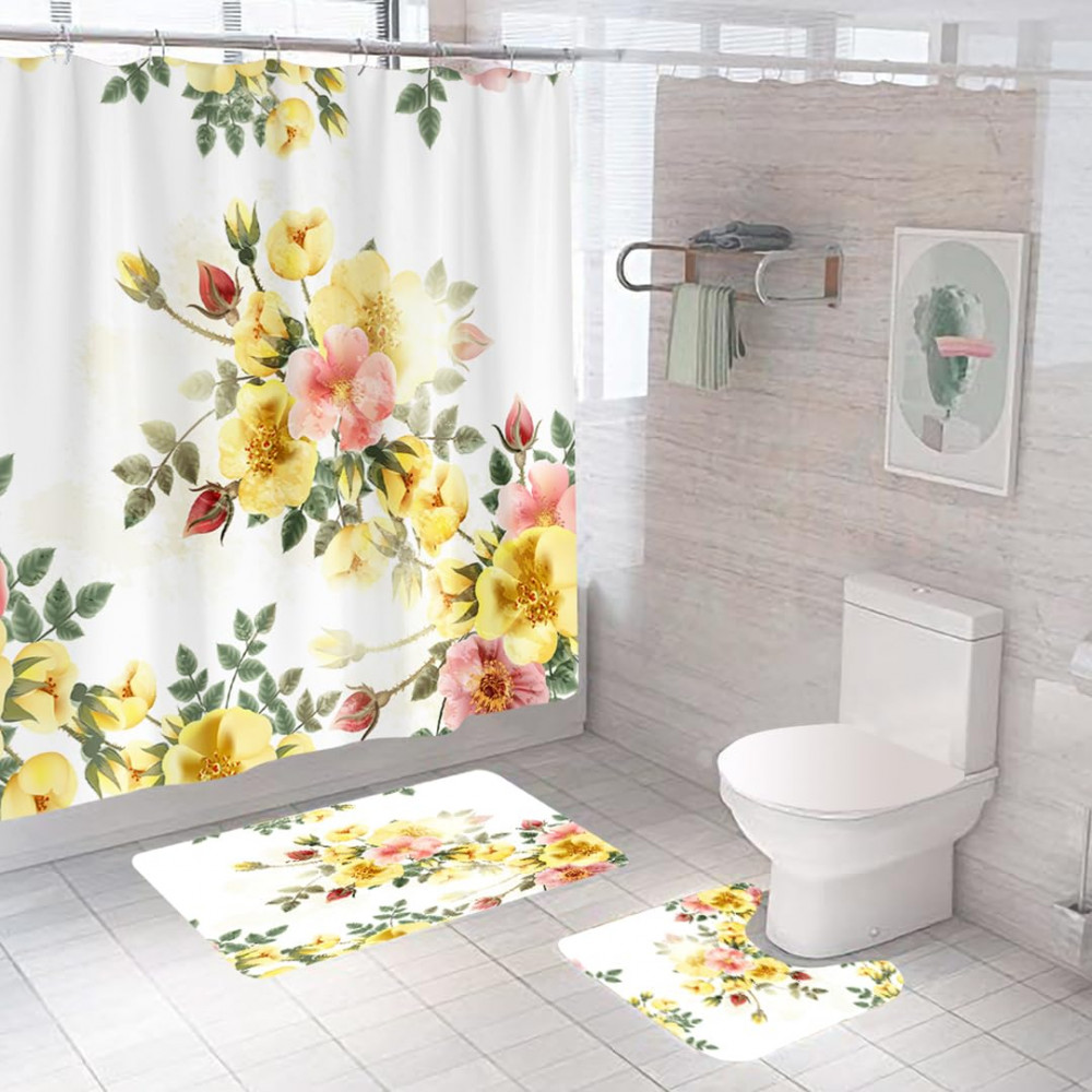 Kuber Industries Shower Curtain &amp; Bathmat Set | Non-Slip Bath mats for Bathroom | Easy-Slide Curtains | Polyester Curtain or Bathmat for Bath DÃ©cor | XTL212-3T | 3 Pcs Set | Multicolor