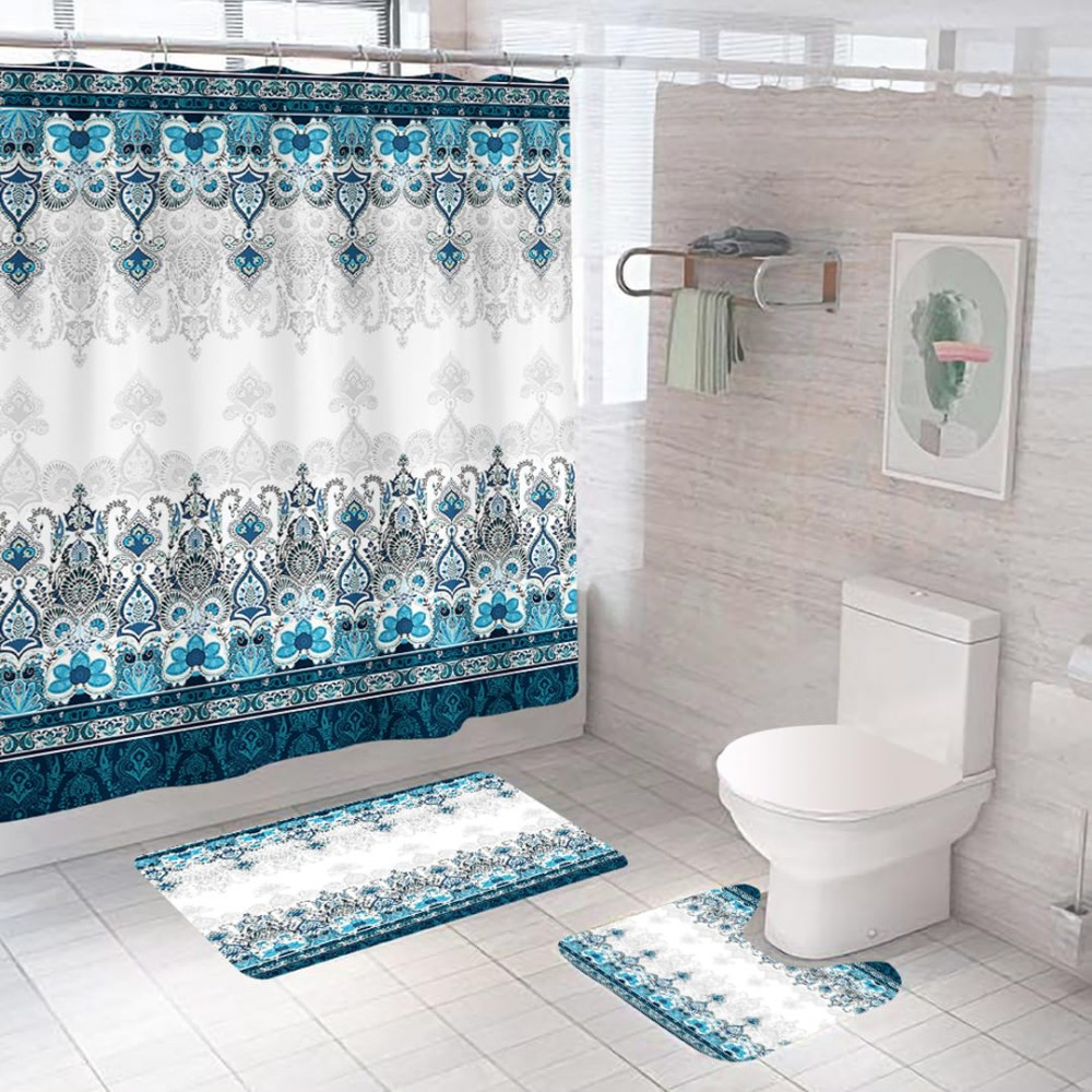 Kuber Industries Shower Curtain &amp; Bathmat Set | Non-Slip Bath mats for Bathroom | Easy-Slide Curtains | Polyester Curtain or Bathmat for Bath DÃ©cor | XTL224-3T | 3 Pcs Set | Multicolor