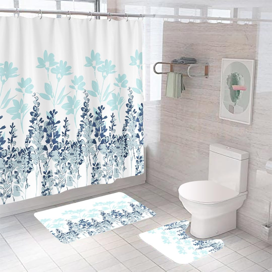 Kuber Industries Shower Curtain & Bathmat Set | Non-Slip Bath mats for Bathroom | Easy-Slide Curtains | Polyester Curtain or Bathmat for Bath DÃ©cor | XTL248-3T | 3 Pcs Set | Multicolor