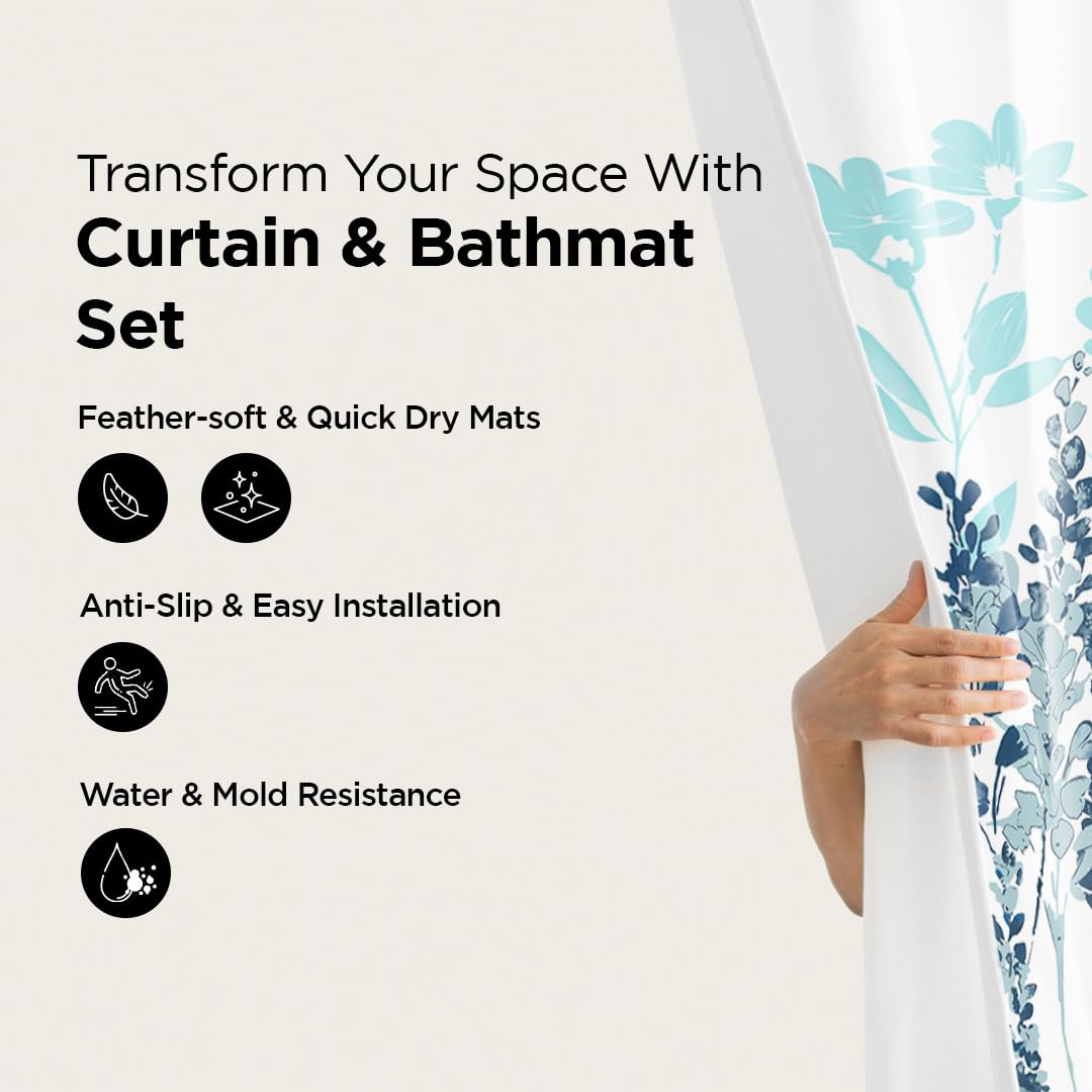 Kuber Industries Shower Curtain & Bathmat Set | Non-Slip Bath mats for Bathroom | Easy-Slide Curtains | Polyester Curtain or Bathmat for Bath DÃ©cor | XTL248-3T | 3 Pcs Set | Multicolor