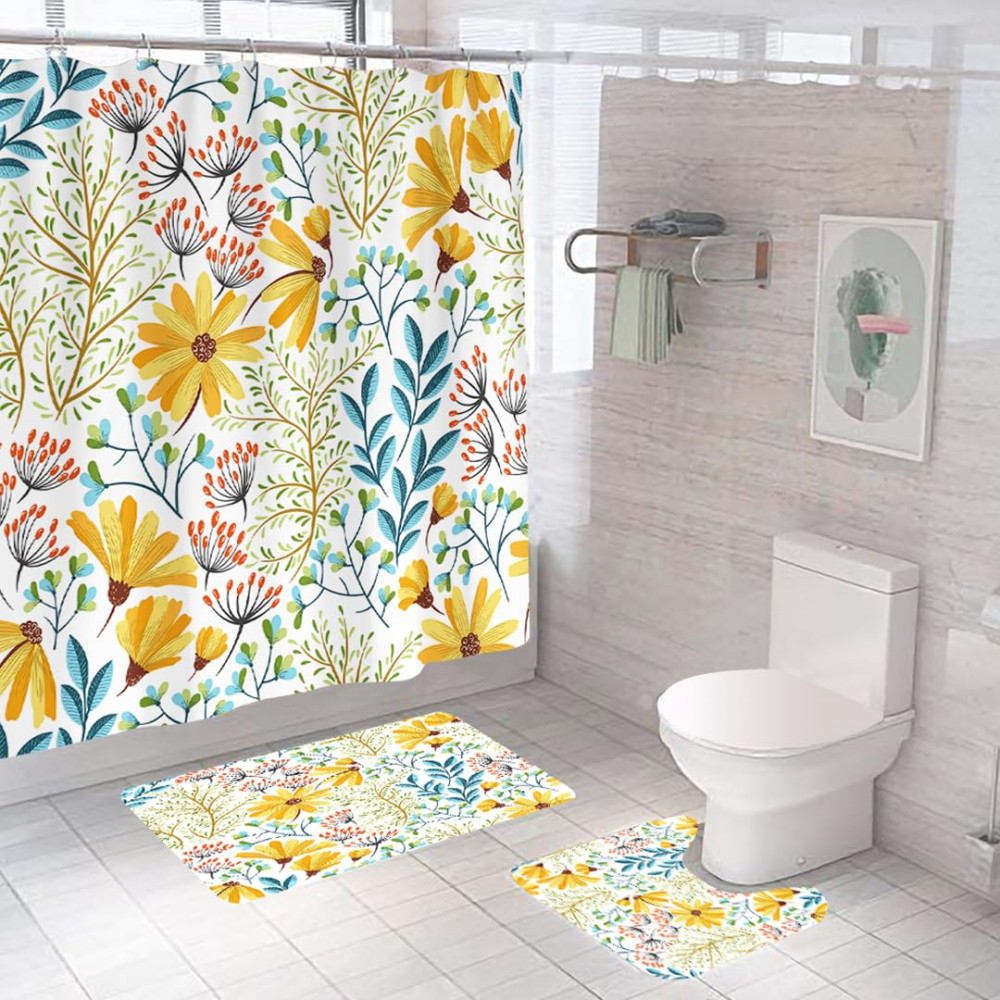 Kuber Industries Shower Curtain &amp; Bathmat Set | Non-Slip Bath mats for Bathroom | Easy-Slide Curtains | Polyester Curtain or Bathmat for Bath DÃ©cor | XTL313-3T | 3 Pcs Set | Multicolor