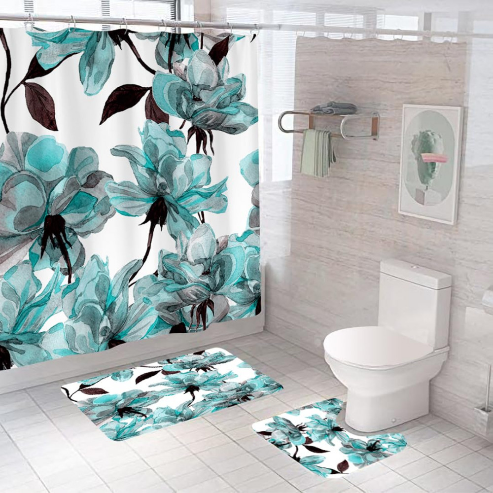 Kuber Industries Shower Curtain &amp; Bathmat Set | Non-Slip Bath mats for Bathroom | Easy-Slide Curtains | Polyester Curtain or Bathmat for Bath DÃ©cor | XTL339-3T | 3 Pcs Set | Multicolor