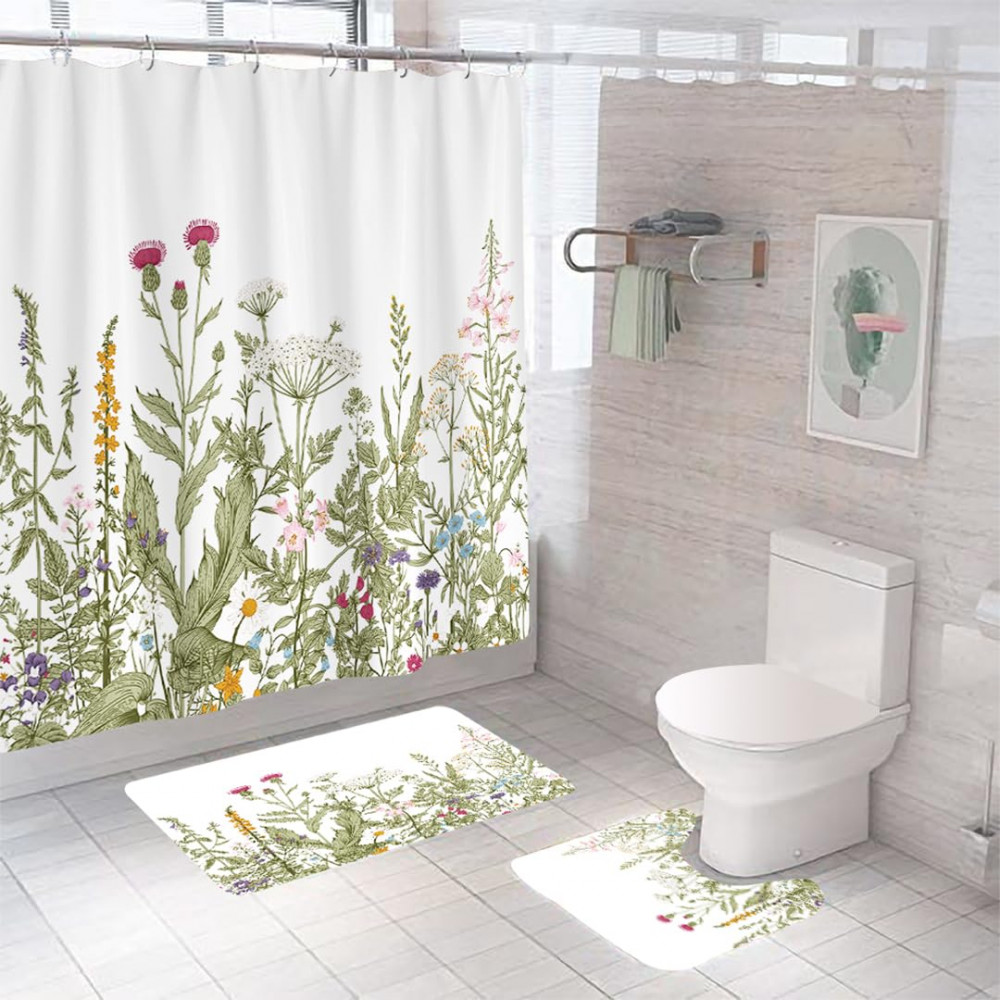 Kuber Industries Shower Curtain &amp; Bathmat Set | Non-Slip Bath mats for Bathroom | Easy-Slide Curtains | Polyester Curtain or Bathmat for Bath DÃ©cor | XTL377-3T | 3 Pcs Set | Multicolor