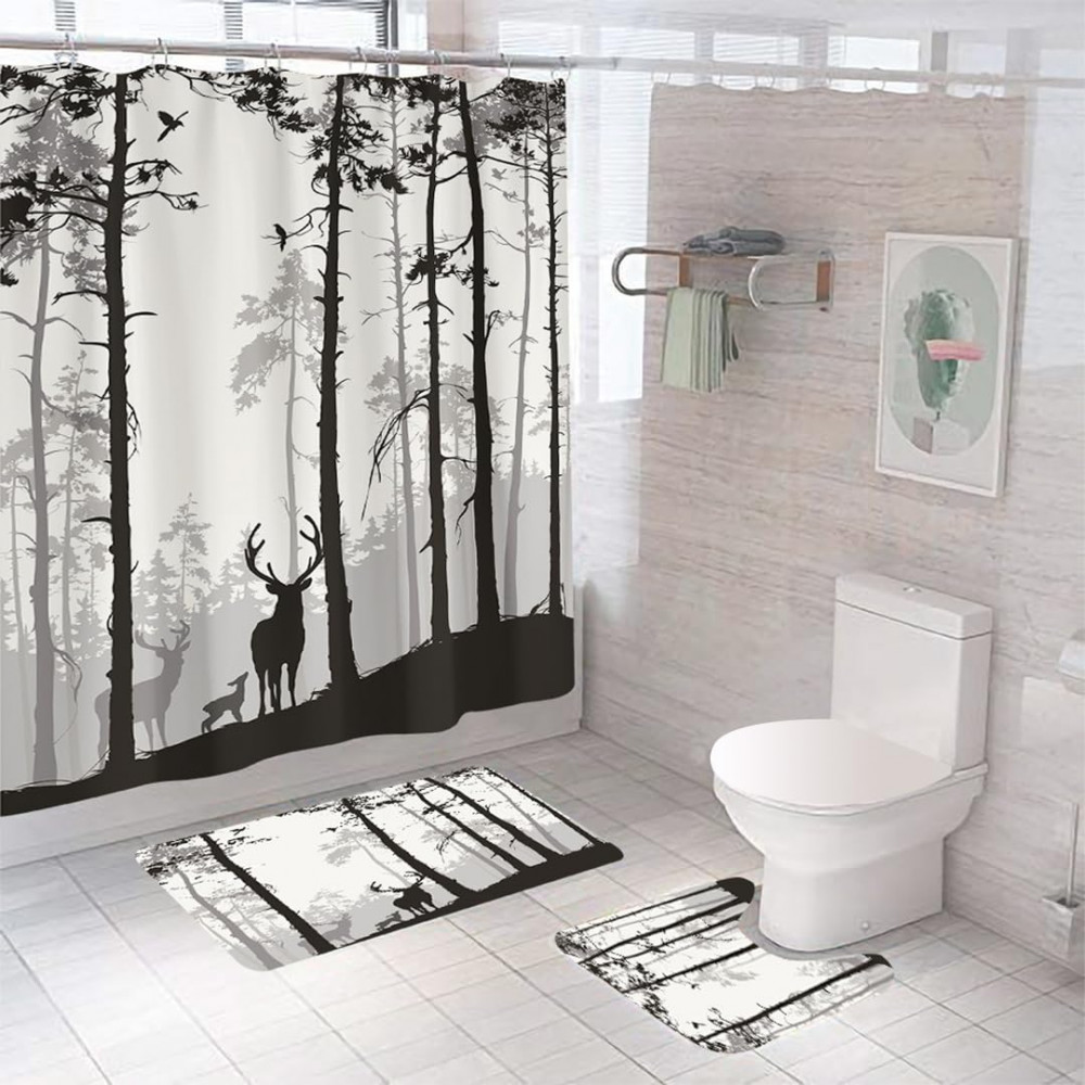 Kuber Industries Shower Curtain &amp; Bathmat Set | Non-Slip Bath mats for Bathroom | Easy-Slide Curtains | Polyester Curtain or Bathmat for Bath DÃ©cor | XTL399-3T | 3 Pcs Set | Multicolor