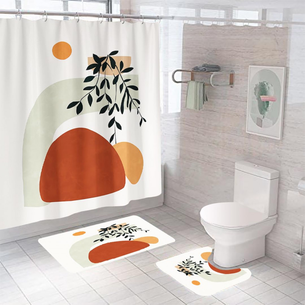 Kuber Industries Shower Curtain &amp; Bathmat Set | Non-Slip Bath mats for Bathroom | Easy-Slide Curtains | Polyester Curtain or Bathmat for Bath DÃ©cor | XTL401-3T | 3 Pcs Set | Multicolor
