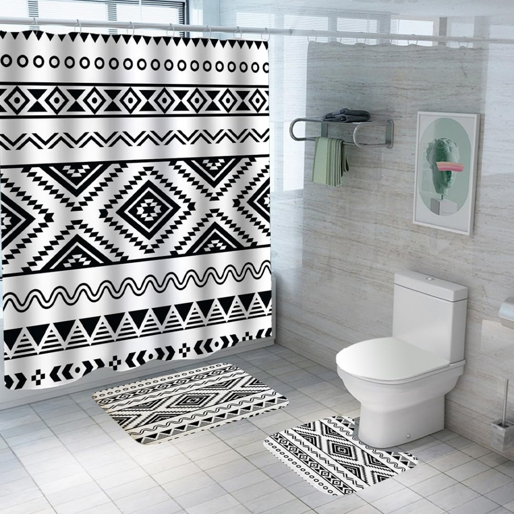 Kuber Industries Shower Curtain &amp; Bathmat Set | Non-Slip Bath mats for Bathroom | Easy-Slide Curtains | Polyester Curtain or Bathmat for Bath DÃ©cor | YF212-3T | 3 Pcs Set | Multicolor