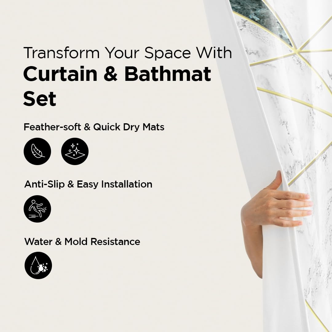 Kuber Industries Shower Curtain & Bathmat Set | Non-Slip Bath mats for Bathroom | Easy-Slide Curtains | Polyester Curtain or Bathmat for Bath DÃ©cor | YF50-3T | 3 Pcs Set | Multicolor