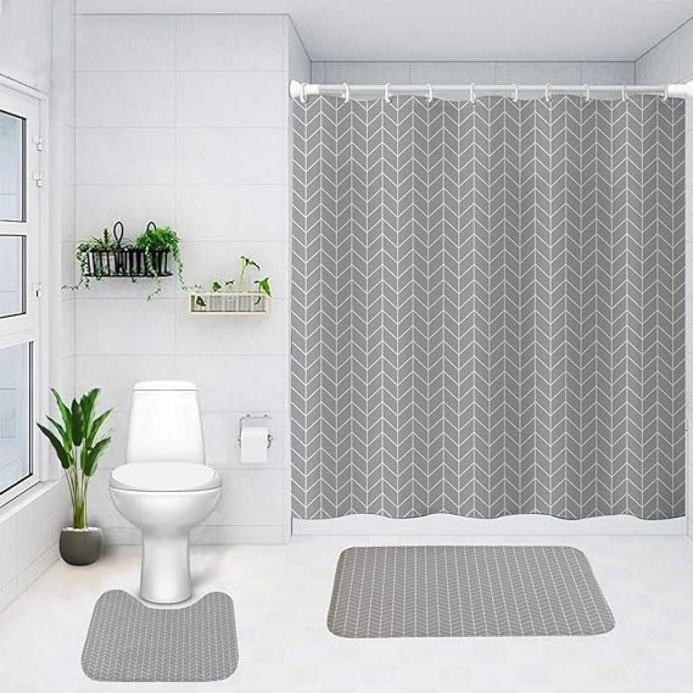 Kuber Industries Shower Curtain &amp; Bathmat Set | Non-Slip Bath mats for Bathroom | Easy-Slide Curtains | Polyester Curtain or Bathmat for Bath DÃ©cor | YX0030- 3T | 3 Pcs Set | Multicolor