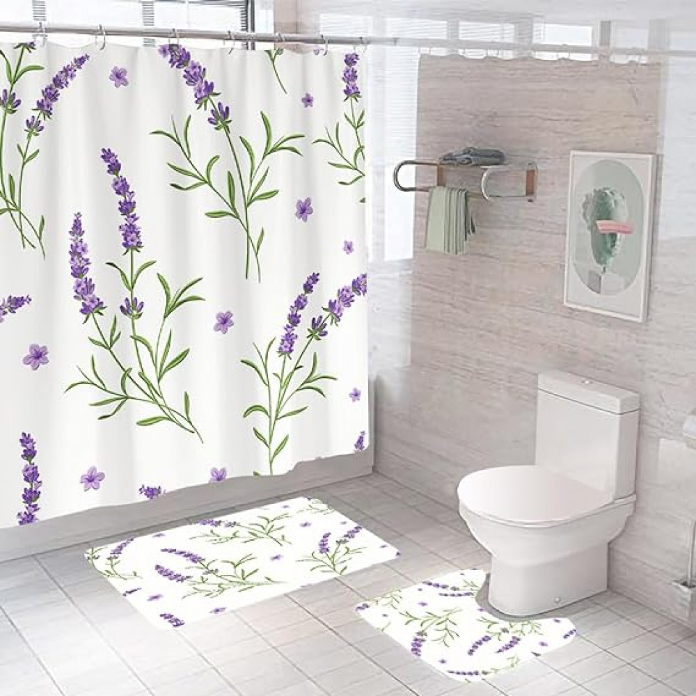 Kuber Industries Shower Curtain &amp; Bathmat Set | Non-Slip Bath mats for Bathroom | Easy-Slide Curtains | Polyester Curtain or Bathmat for Bath DÃ©cor | XTL438-3T | 3 Pcs Set | Multicolor