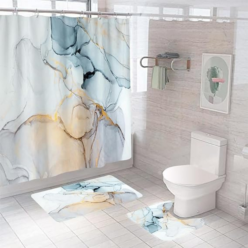 Kuber Industries Shower Curtain &amp; Bathmat Set | Non-Slip Bath mats for Bathroom | Easy-Slide Curtains | Polyester Curtain or Bathmat for Bath DÃ©cor | XTL454-3T | 3 Pcs Set | Multicolor
