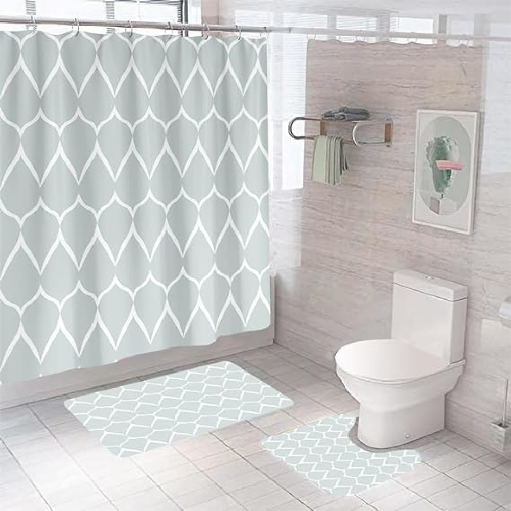 Kuber Industries Shower Curtain &amp; Bathmat Set | Non-Slip Bath mats for Bathroom | Easy-Slide Curtains | Polyester Curtain or Bathmat for Bath DÃ©cor | XTL456-3T | 3 Pcs Set | Multicolor