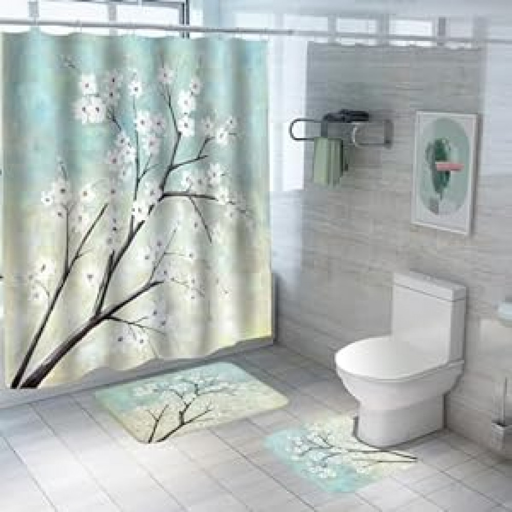 Kuber Industries Shower Curtain &amp; Bathmat Set | Non-Slip Bath mats for Bathroom | Easy-Slide Curtains | Polyester Curtain or Bathmat for Bath DÃ©cor | YF11-3T | 3 Pcs Set | Multicolor