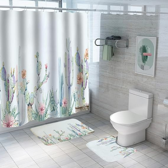 Kuber Industries Shower Curtain & Bathmat Set | Non-Slip Bath mats for Bathroom | Easy-Slide Curtains | Polyester Curtain or Bathmat for Bath DÃ©cor | YF141-3T | 3 Pcs Set | Multicolor