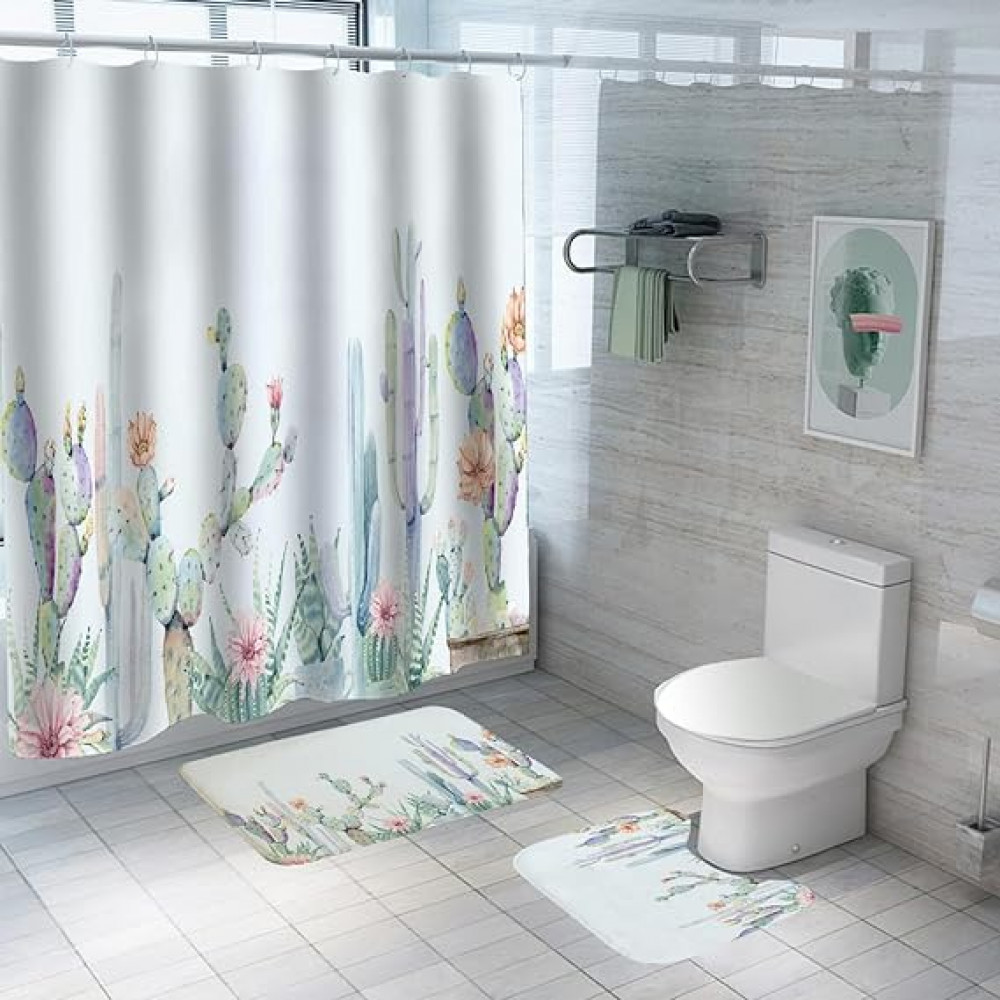Kuber Industries Shower Curtain &amp; Bathmat Set | Non-Slip Bath mats for Bathroom | Easy-Slide Curtains | Polyester Curtain or Bathmat for Bath DÃ©cor | YF141-3T | 3 Pcs Set | Multicolor