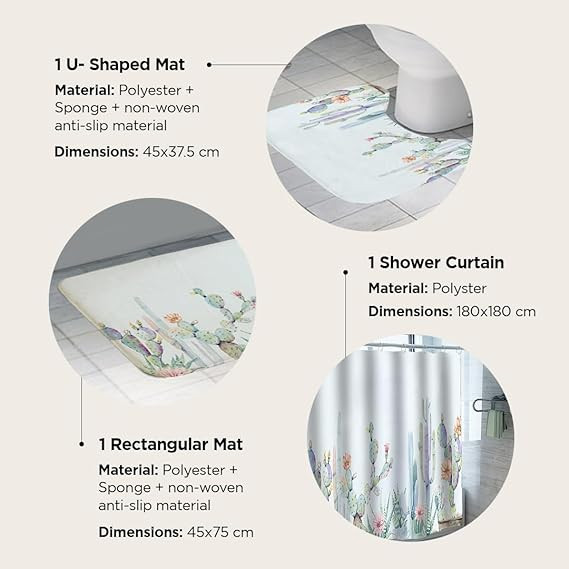 Kuber Industries Shower Curtain & Bathmat Set | Non-Slip Bath mats for Bathroom | Easy-Slide Curtains | Polyester Curtain or Bathmat for Bath DÃ©cor | YF141-3T | 3 Pcs Set | Multicolor