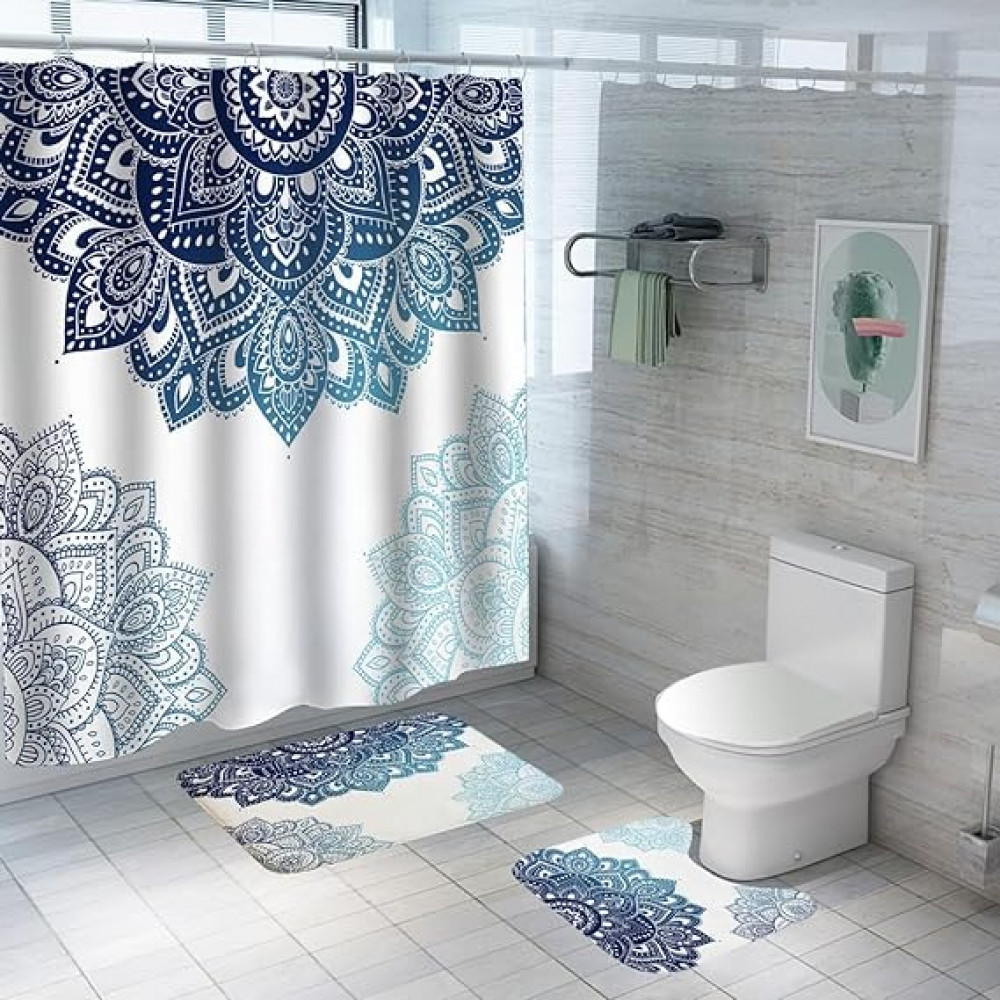 Kuber Industries Shower Curtain &amp; Bathmat Set | Non-Slip Bath mats for Bathroom | Easy-Slide Curtains | Polyester Curtain or Bathmat for Bath DÃ©cor | YF189-3T | 3 Pcs Set | Multicolor