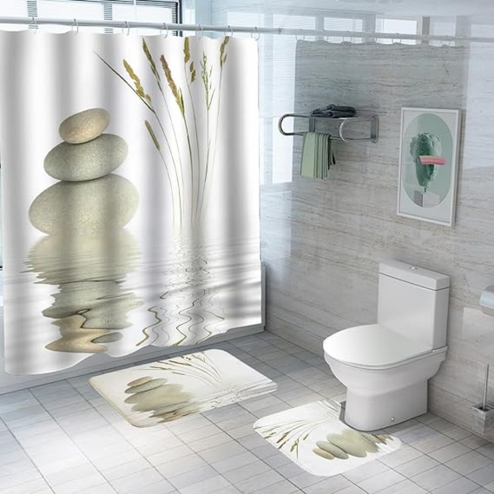 Kuber Industries Shower Curtain &amp; Bathmat Set | Non-Slip Bath mats for Bathroom | Easy-Slide Curtains | Polyester Curtain or Bathmat for Bath DÃ©cor | YF193-3T | 3 Pcs Set | Multicolor