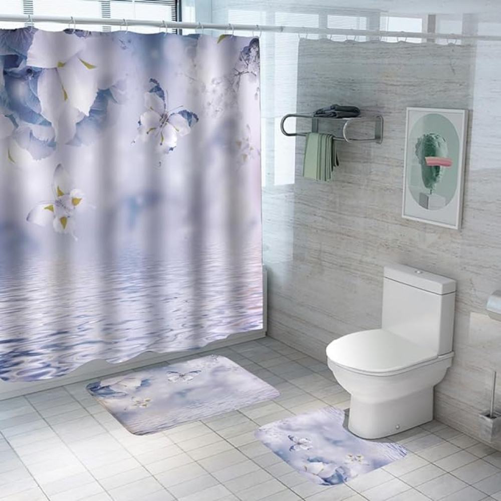 Kuber Industries Shower Curtain &amp; Bathmat Set | Non-Slip Bath mats for Bathroom | Easy-Slide Curtains | Polyester Curtain or Bathmat for Bath DÃ©cor | YF314-3T | 3 Pcs Set | Multicolor